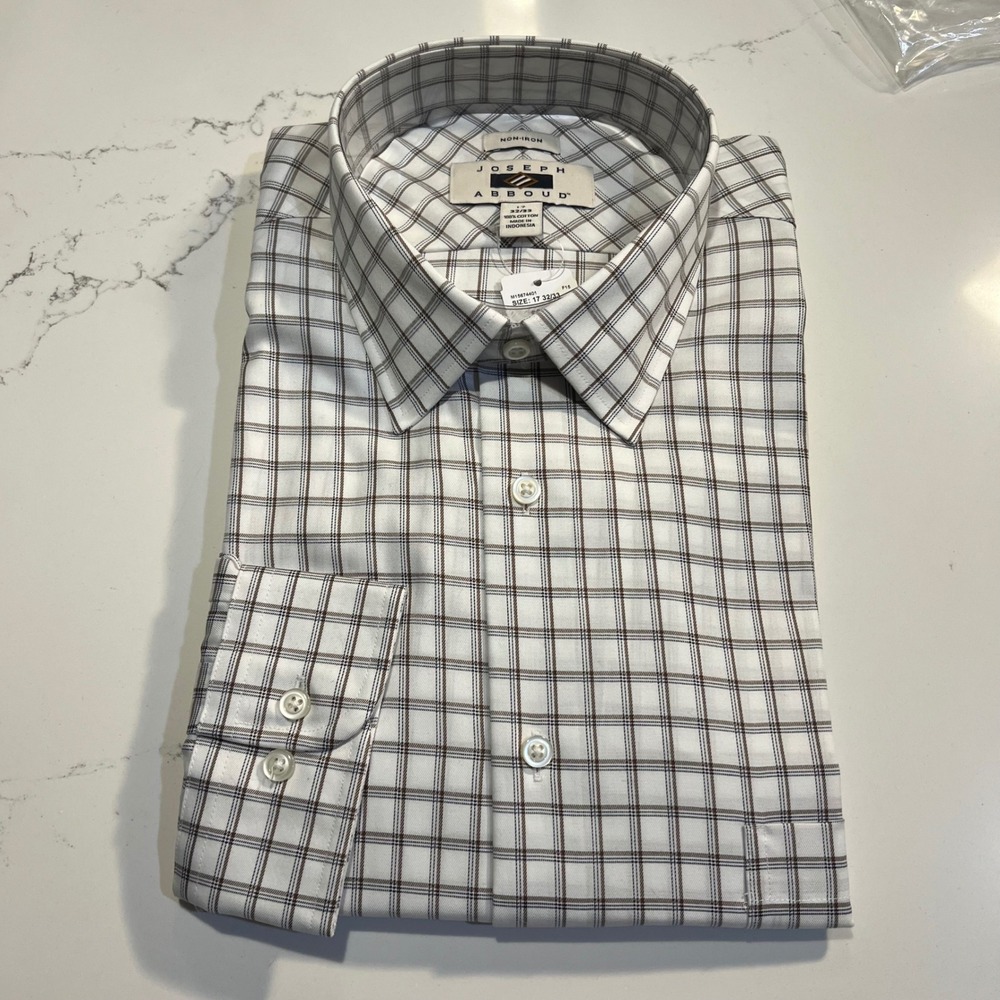 Joseph Abboud White, Brown & Black Plaid Buttondown Shirt‎ Men's Size 17 32/33